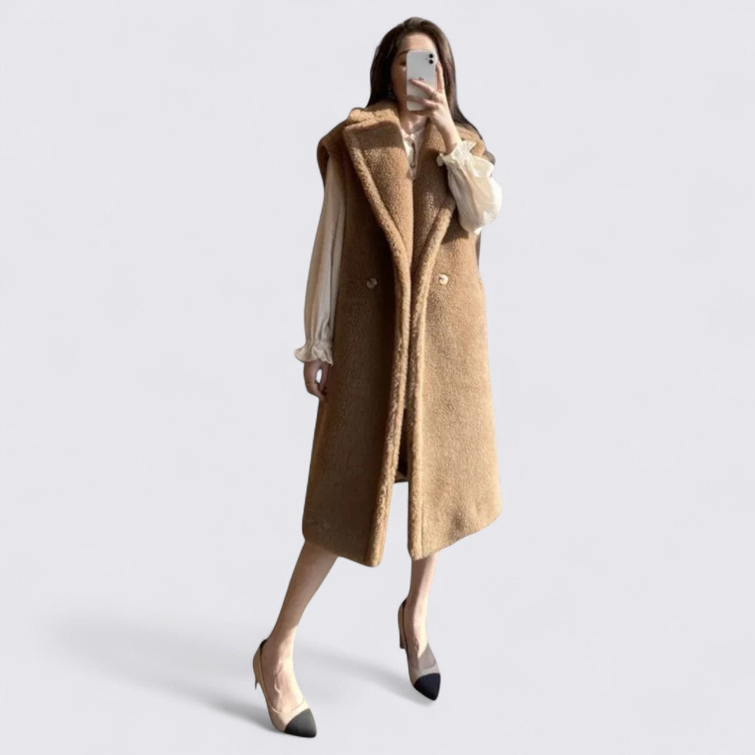 Damen Mantel mit Revers – Ärmelloser Mantel – Lang Geschnitten