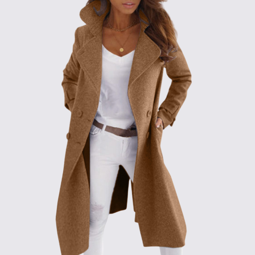 Damen Mantel mit Revers – Doppelreiher Mantel – Lang Geschnitten