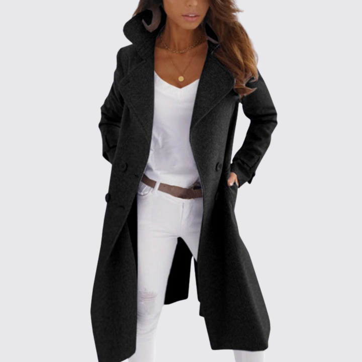 Damen Mantel mit Revers – Doppelreiher Mantel – Lang Geschnitten