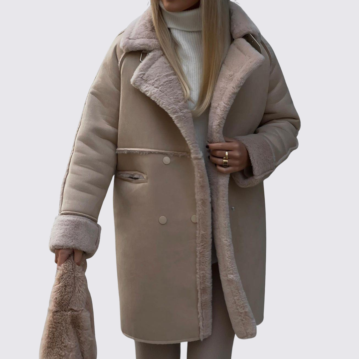 Damen Mantel mit Revers – Doppelreiher Mantel – Teddy Gefüttert