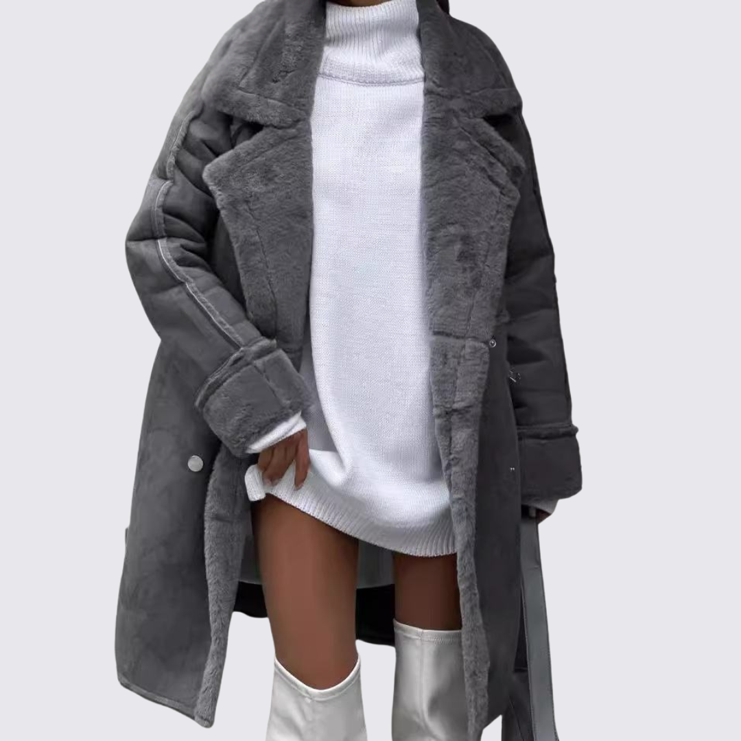 Damen Mantel mit Revers – Doppelreiher Mantel – Teddy Gefüttert