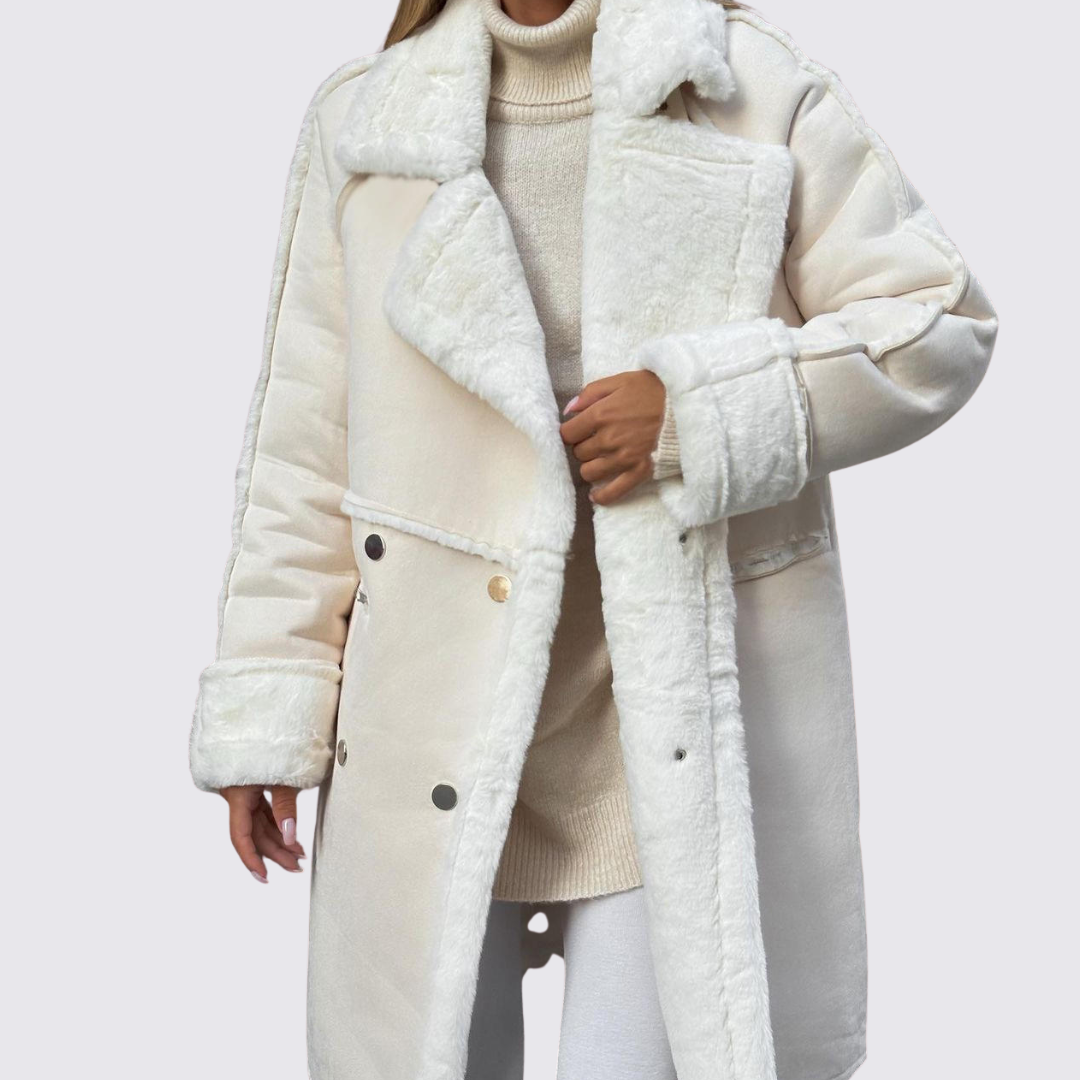 Damen Mantel mit Revers – Doppelreiher Mantel – Teddy Gefüttert