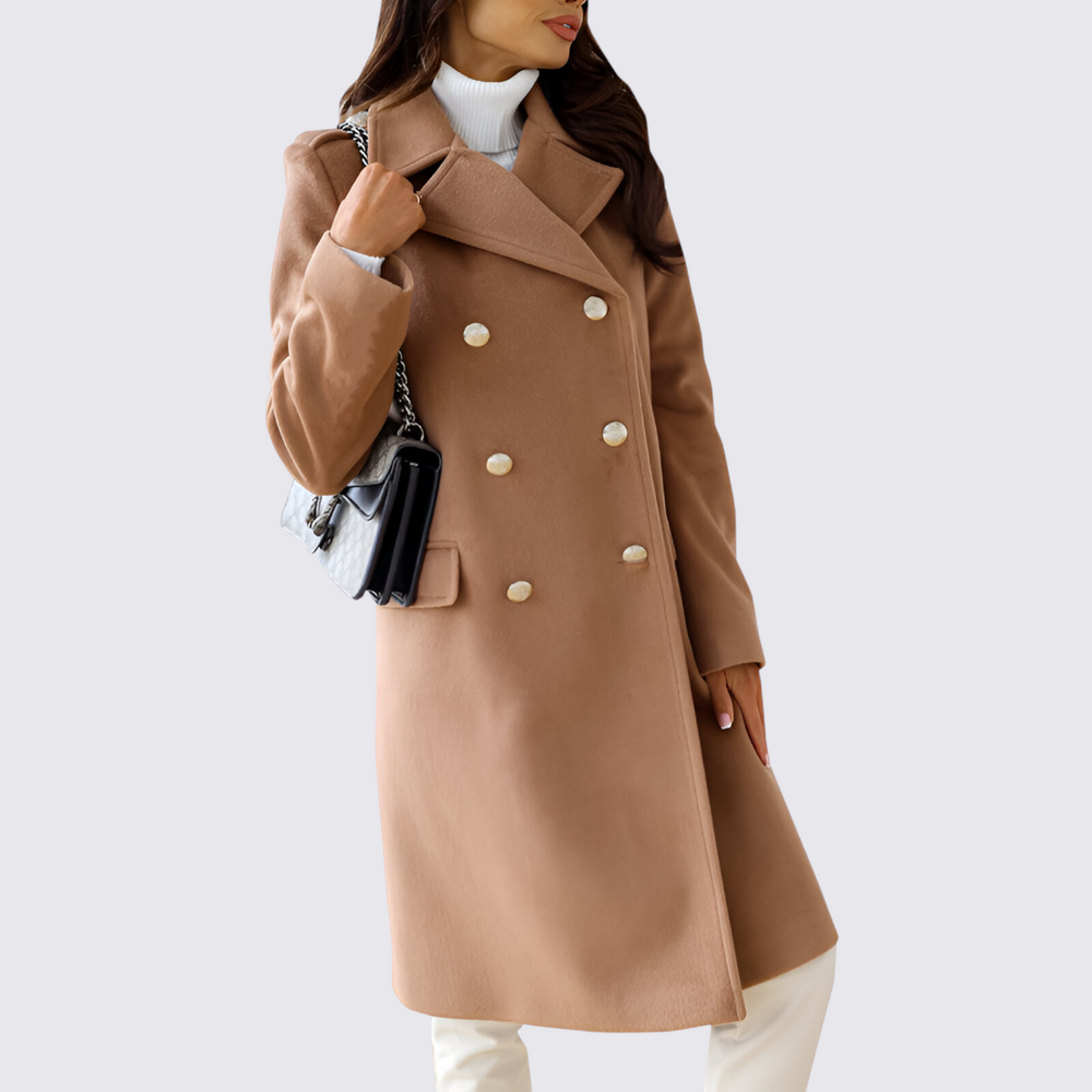 Damen Mantel mit Revers – Doppelreihiger Mantel – Lang Geschnitten