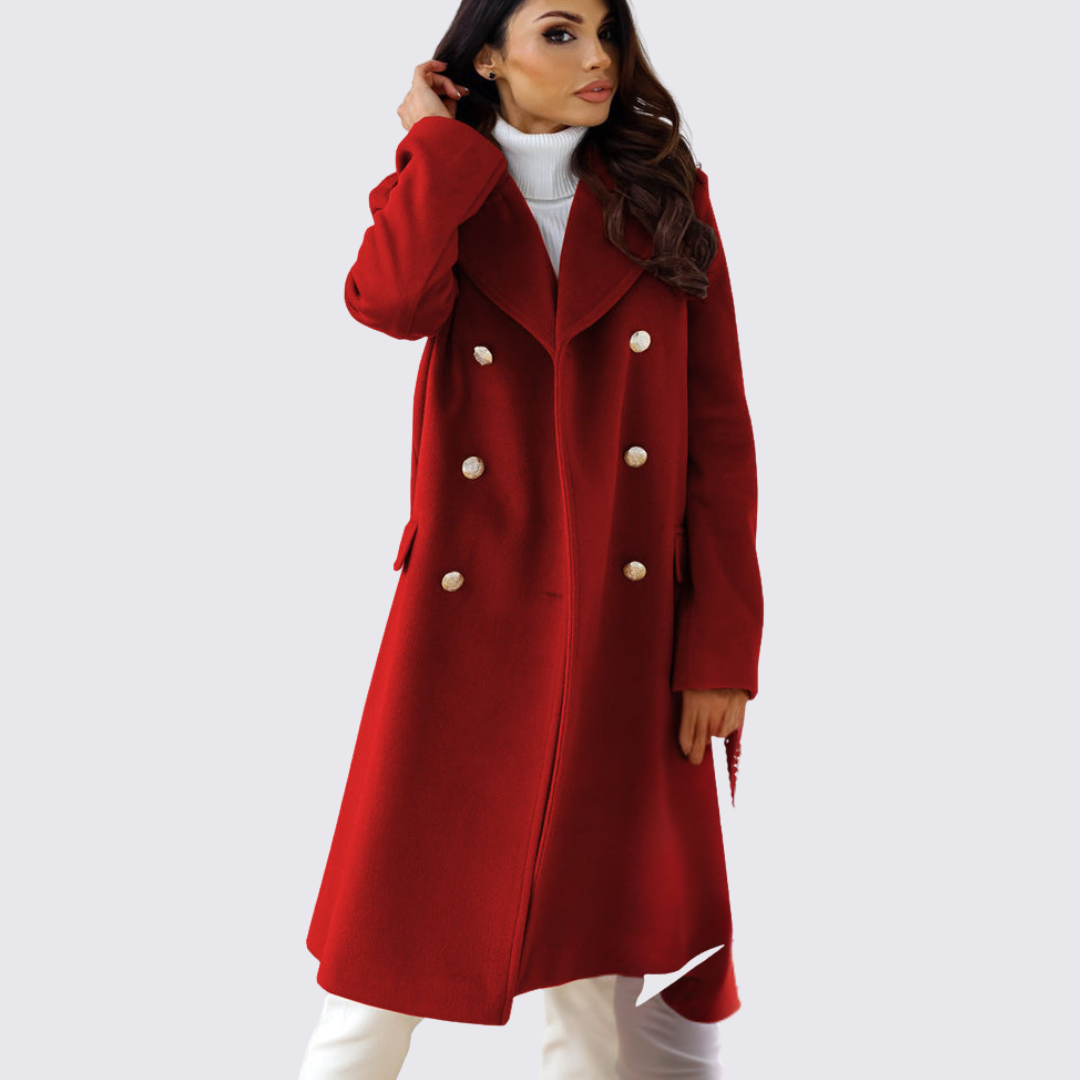 Damen Mantel mit Revers – Doppelreihiger Mantel – Lang Geschnitten