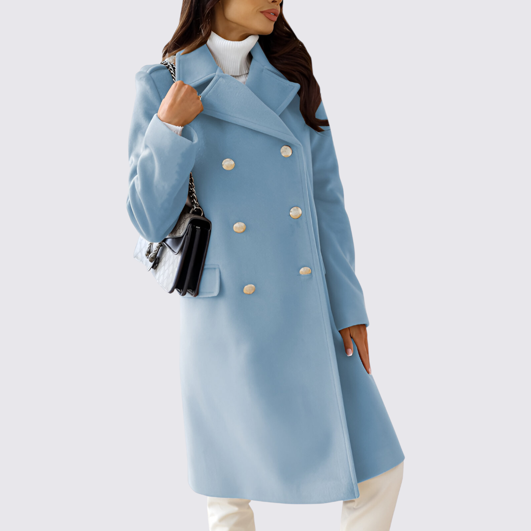 Damen Mantel mit Revers – Doppelreihiger Mantel – Lang Geschnitten
