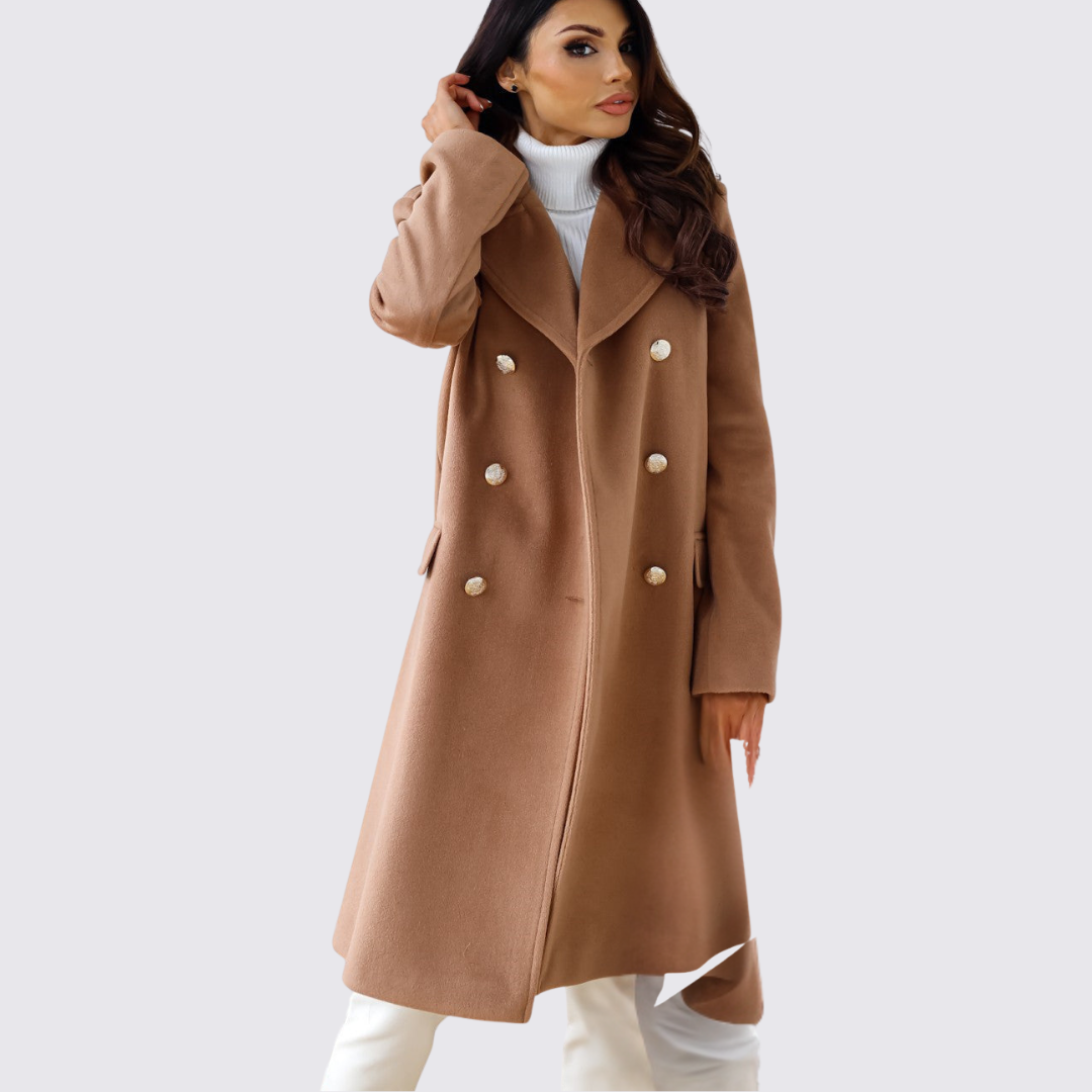Damen Mantel mit Revers – Doppelreihiger Mantel – Lang Geschnitten