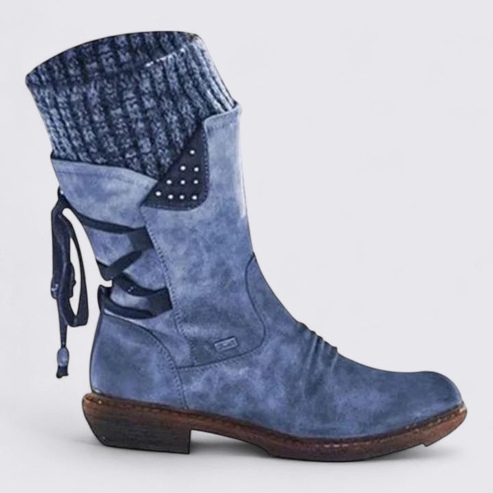 Damen Midi Stiefel – Gerippter Schaft – Schnürdetail