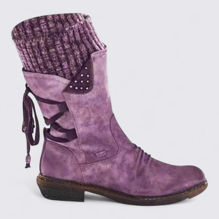 Damen Midi Stiefel – Gerippter Schaft – Schnürdetail