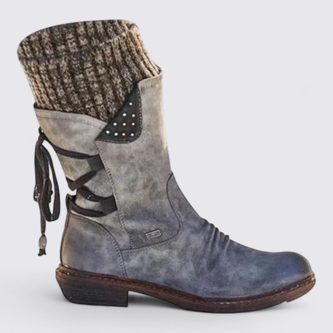 Damen Midi Stiefel – Gerippter Schaft – Schnürdetail