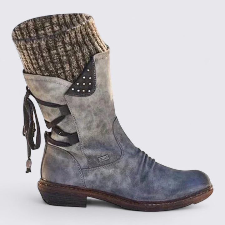 Damen Midi Stiefel – Gerippter Schaft – Schnürdetail