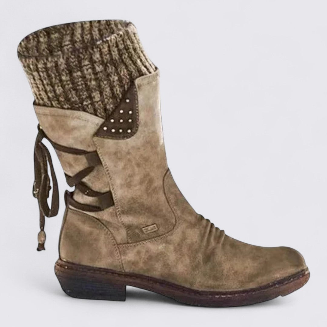 Damen Midi Stiefel – Gerippter Schaft – Schnürdetail