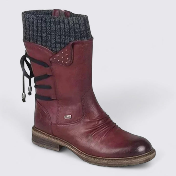 Damen Midi Stiefel – Gerippter Schaft – Schnürdetail