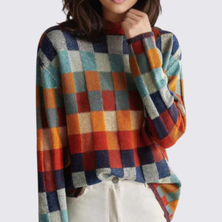 Damen Pullover mit Karomuster – Langarm – Rundhals