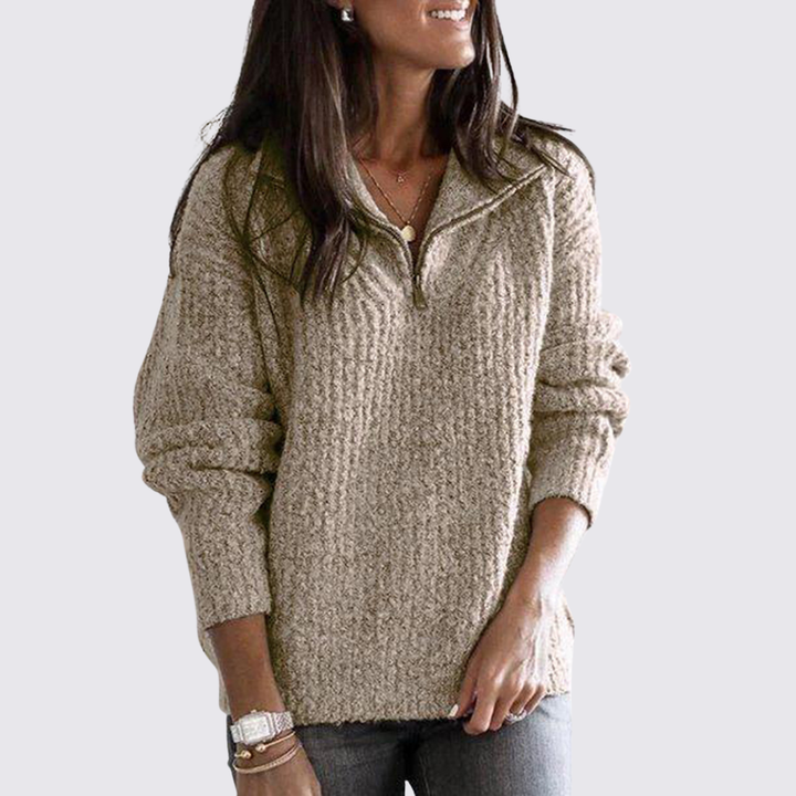 Damen Pullover mit Reißverschluss - Kuschel Pullover - Locker Geschnitten
