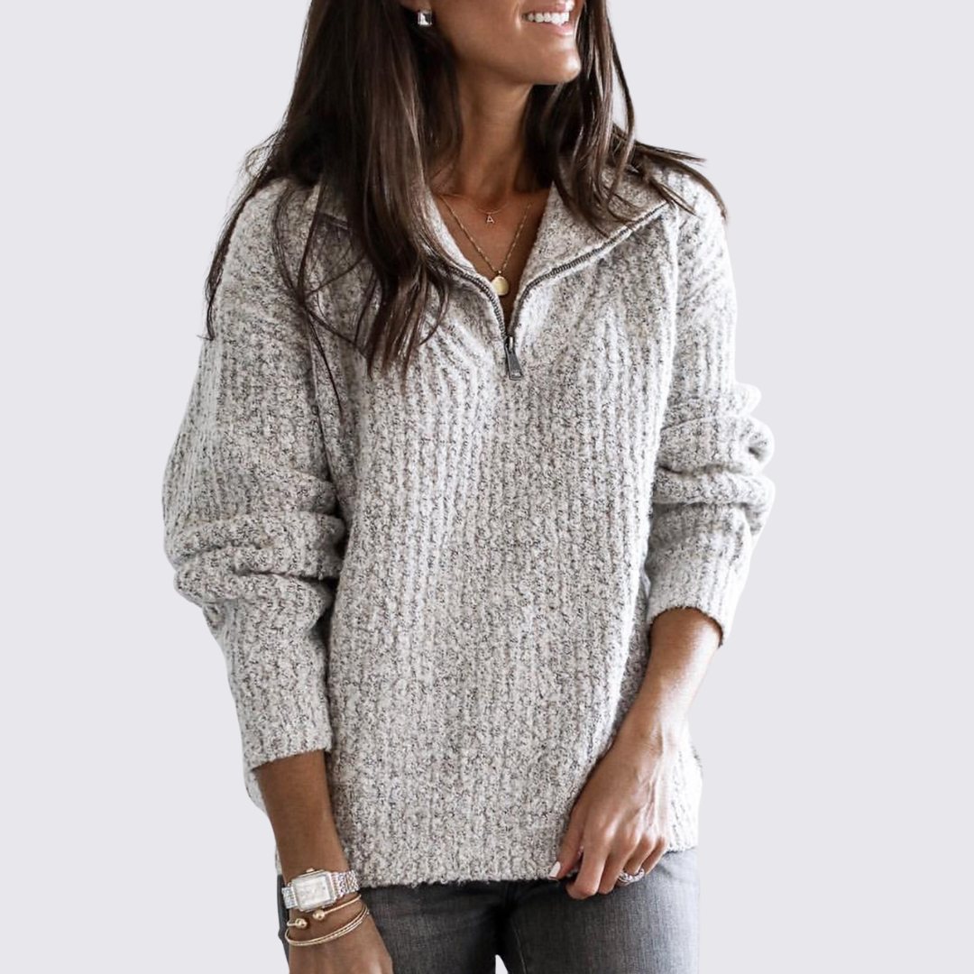 Damen Pullover mit Reißverschluss - Kuschel Pullover - Locker Geschnitten