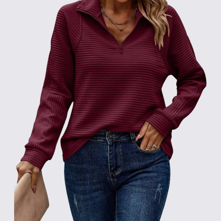 Damen Pullover mit Reißverschluss – Langarm Pullover – Gerippte Struktur