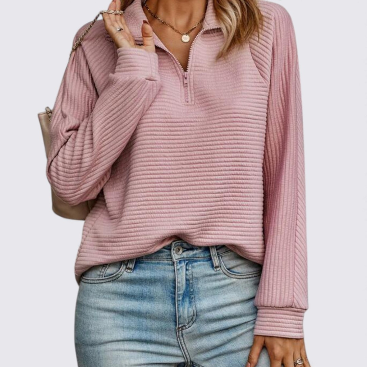 Damen Pullover mit Reißverschluss – Langarm Pullover – Gerippte Struktur