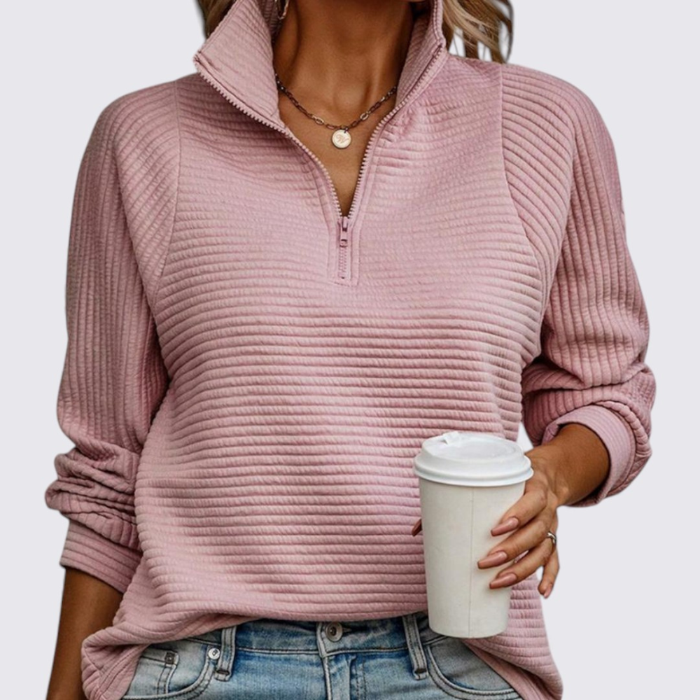Damen Pullover mit Reißverschluss – Langarm Pullover – Gerippte Struktur