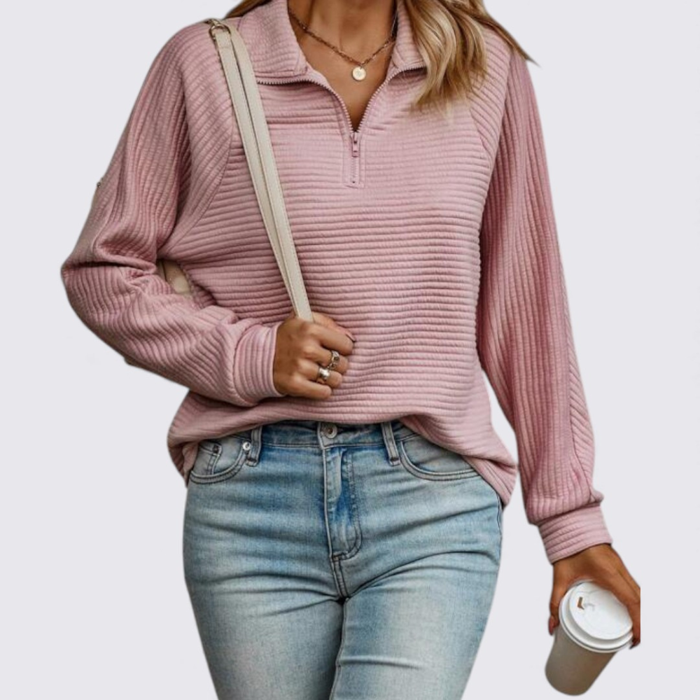 Damen Pullover mit Reißverschluss – Langarm Pullover – Gerippte Struktur