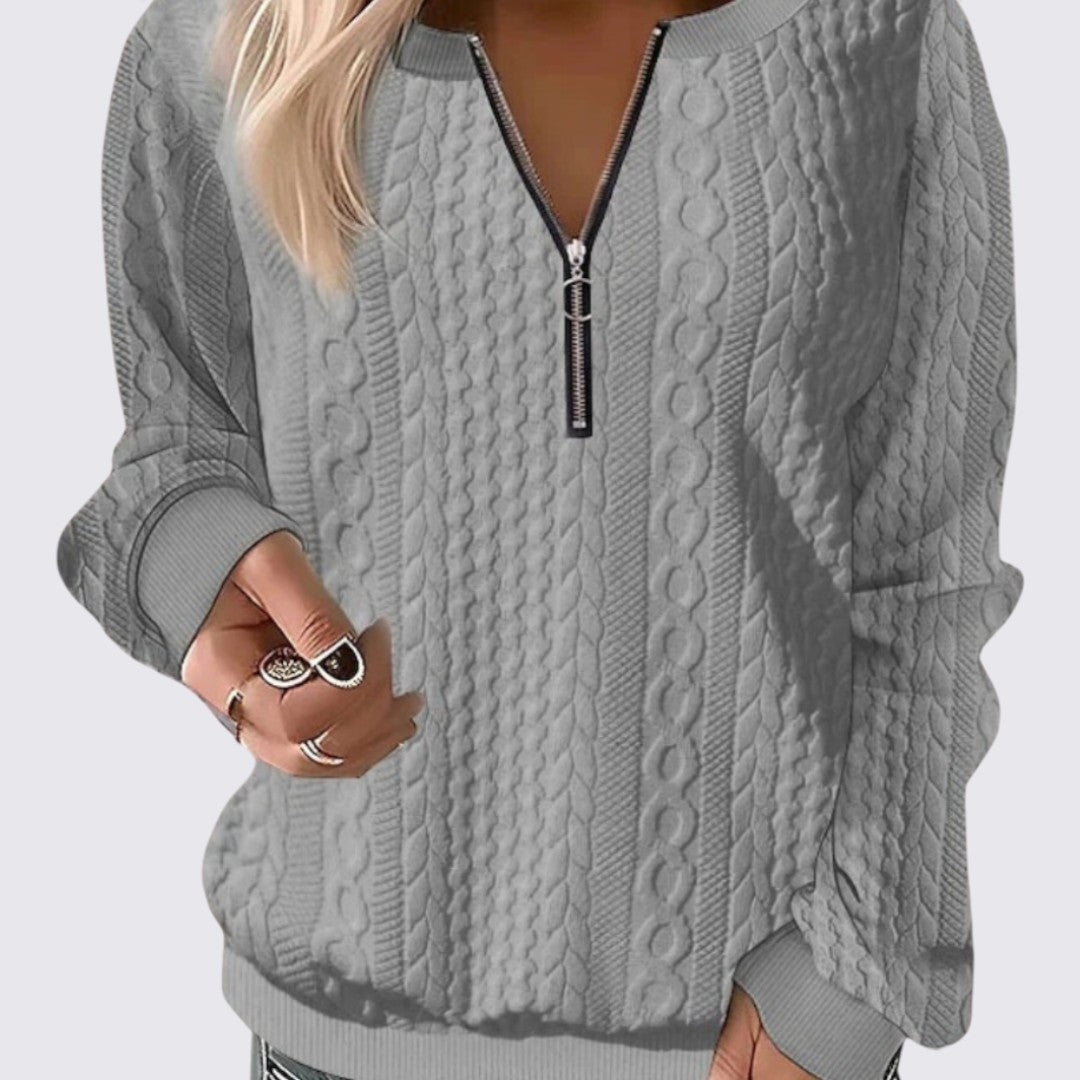 Damen Pullover mit Reißverschluss – Langarm – Strukturstoff