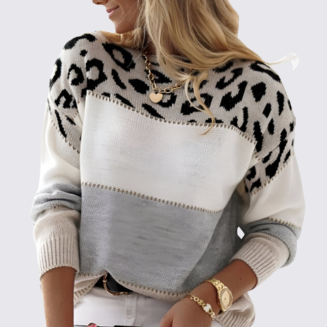 Damen Pullover mit Rundhalsausschnitt – Strick Pullover – Animalprint