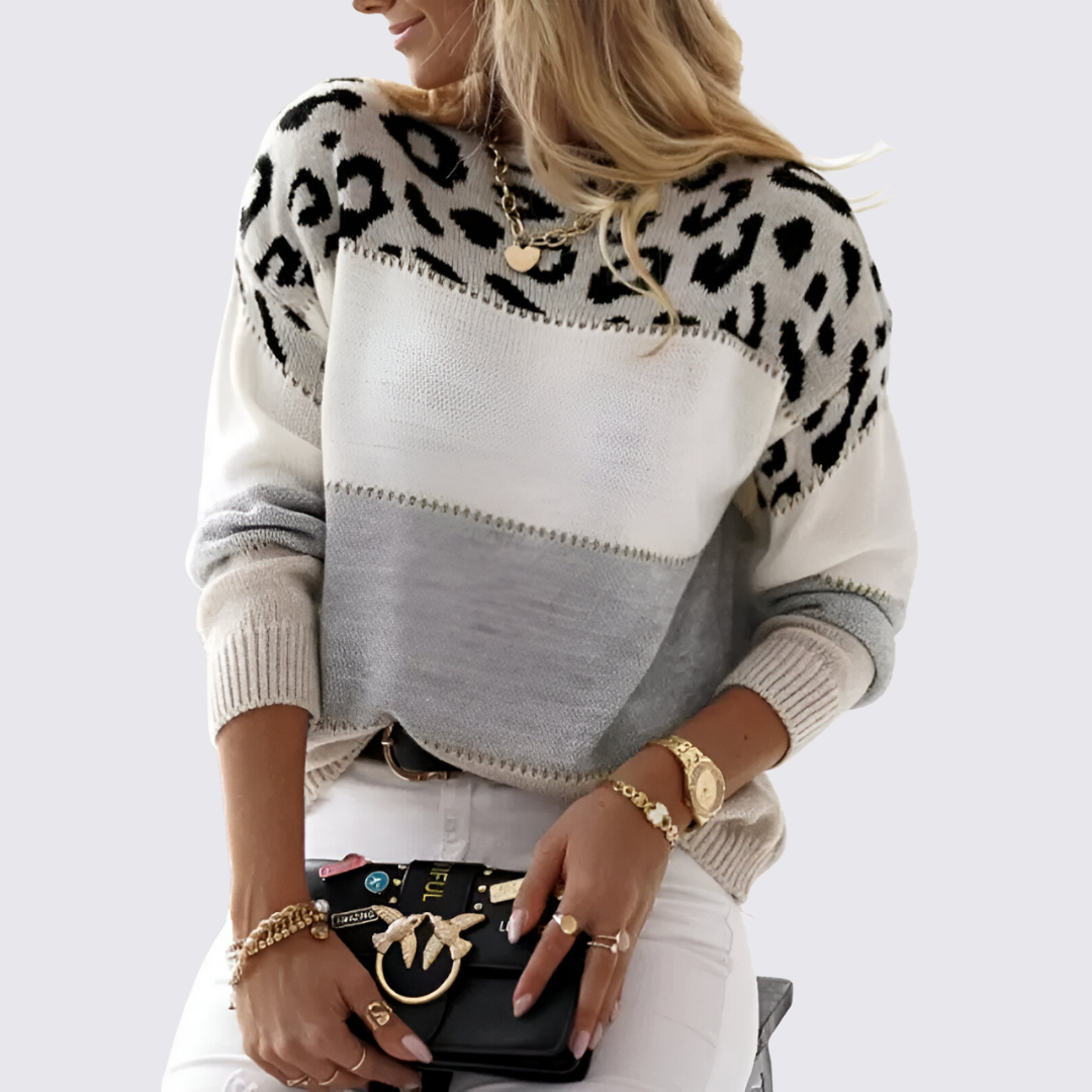 Damen Pullover mit Rundhalsausschnitt – Strick Pullover – Animalprint