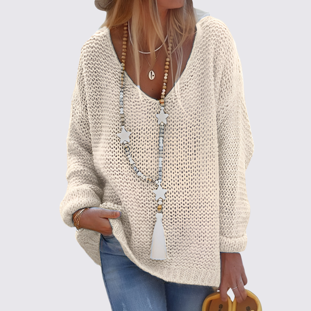 Damen Pullover mit V-Ausschnitt – Oversize Pullover – Grobstrick