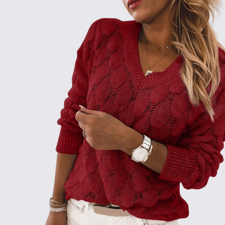 Damen Pullover mit V-Ausschnitt – Strick Pullover – Zopfmuster