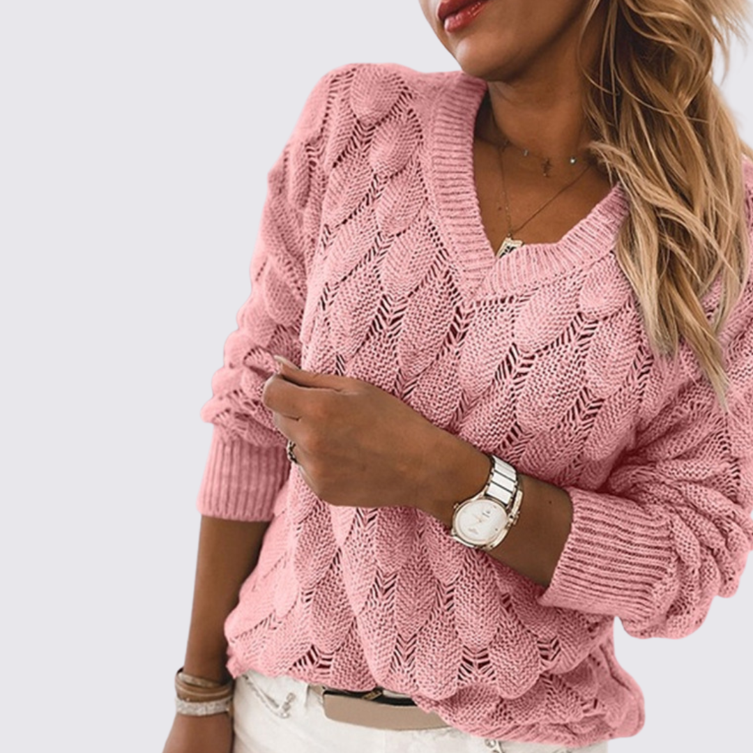 Damen Pullover mit V-Ausschnitt – Strick Pullover – Zopfmuster