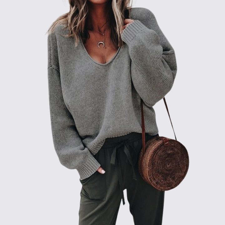 Damen Pullover mit V-Ausschnitt – Strick Pullover – Zopfmuster