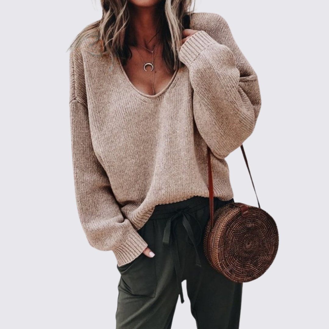 Damen Pullover mit V-Ausschnitt – Strick Pullover – Zopfmuster