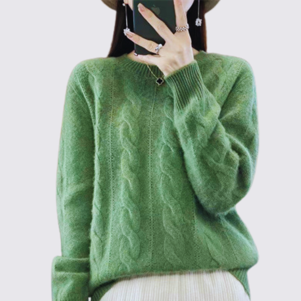 Damen Pullover mit Zopfmuster – Strick Pullover – Rundhalsausschnitt