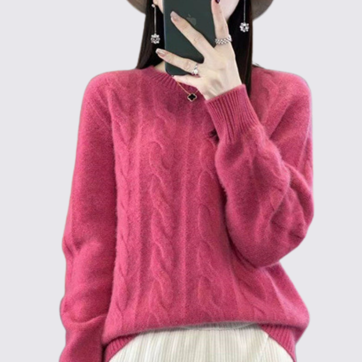 Damen Pullover mit Zopfmuster – Strick Pullover – Rundhalsausschnitt