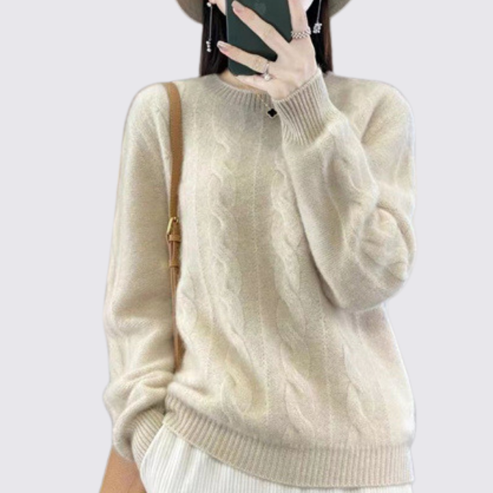 Damen Pullover mit Zopfmuster – Strick Pullover – Rundhalsausschnitt