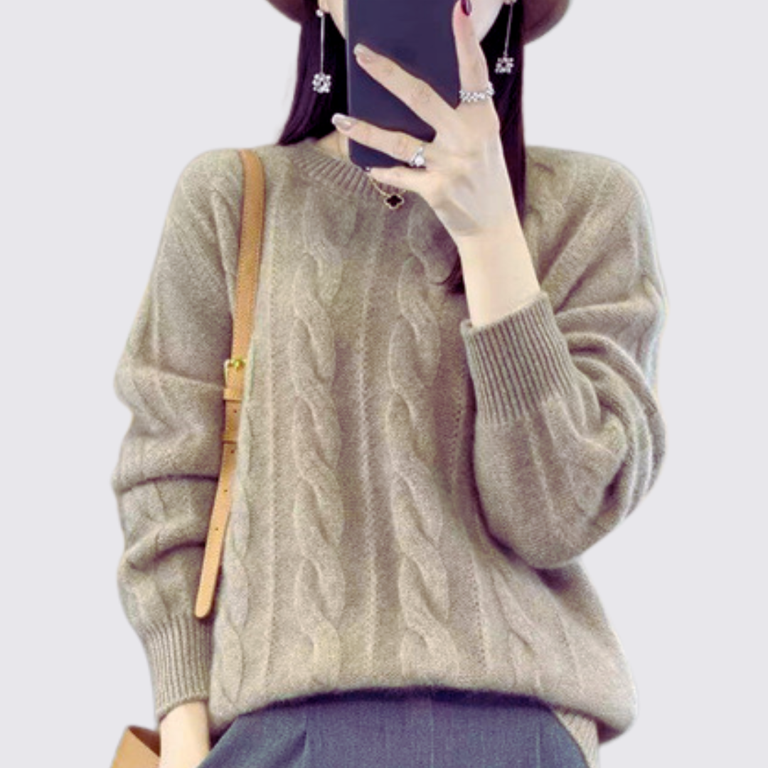 Damen Pullover mit Zopfmuster – Strick Pullover – Rundhalsausschnitt