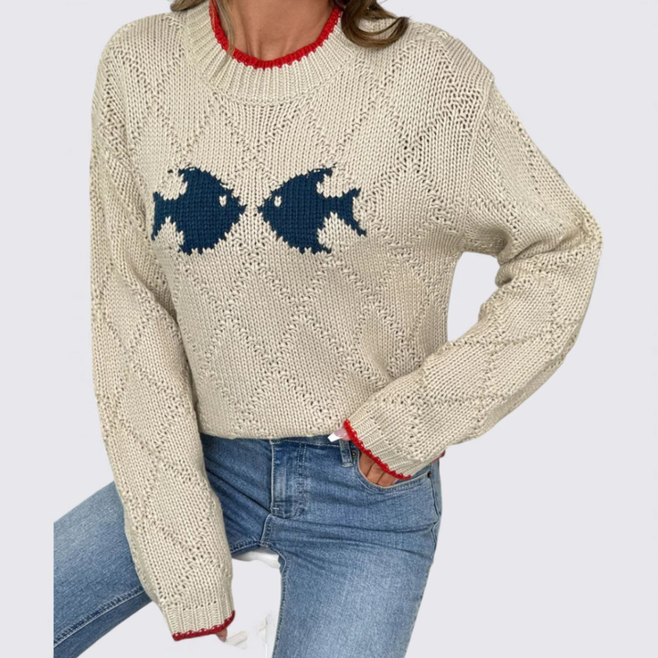 Damen Rundhals Strickpullover mit Fischmotiv – Langarm Pullover – Kontrastdetails