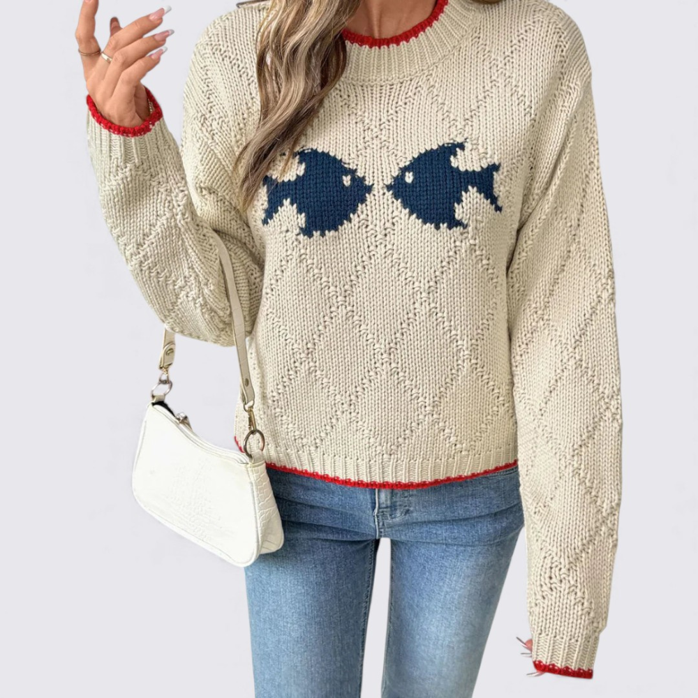 Damen Rundhals Strickpullover mit Fischmotiv – Langarm Pullover – Kontrastdetails