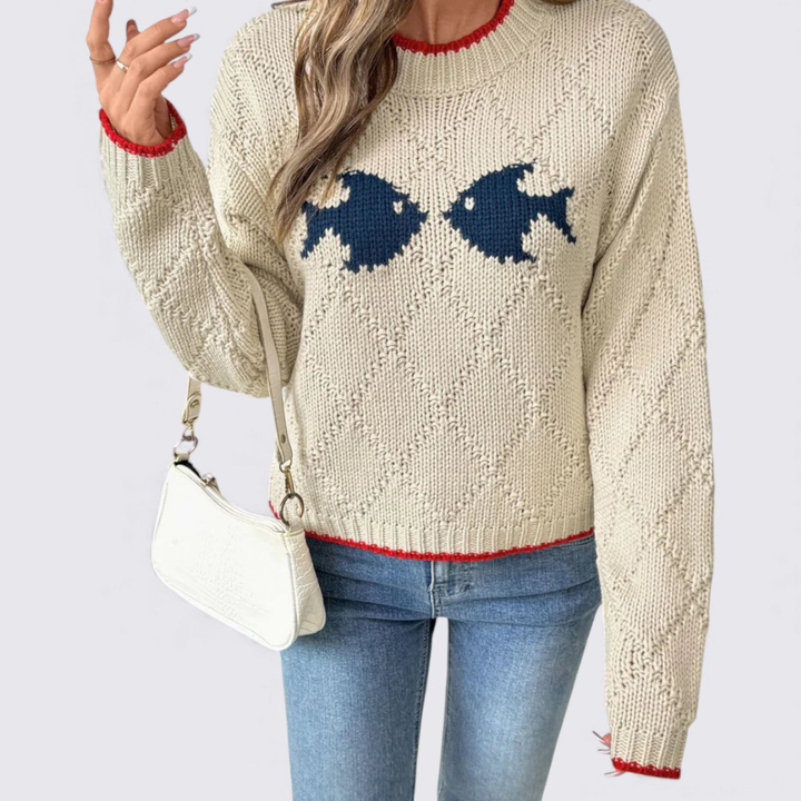 Damen Rundhals Strickpullover mit Fischmotiv – Langarm Pullover – Kontrastdetails