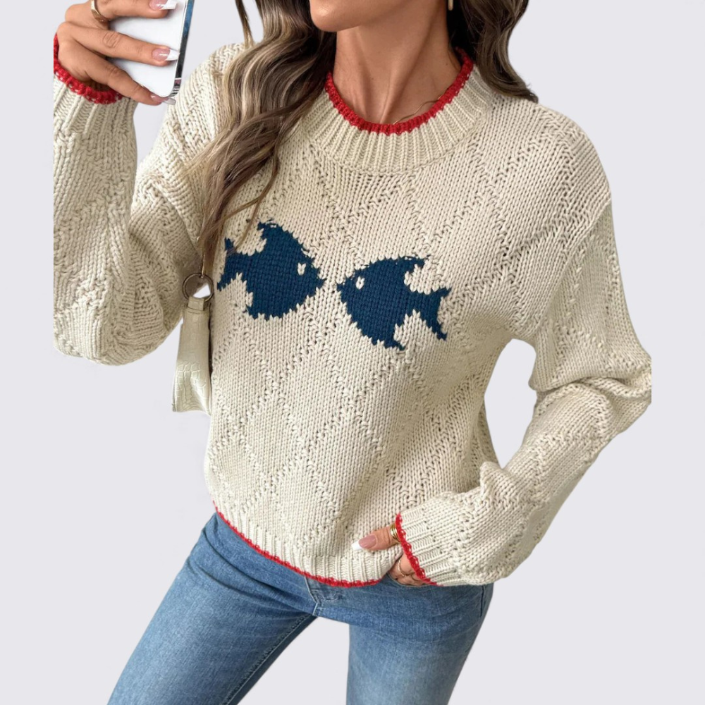 Damen Rundhals Strickpullover mit Fischmotiv – Langarm Pullover – Kontrastdetails