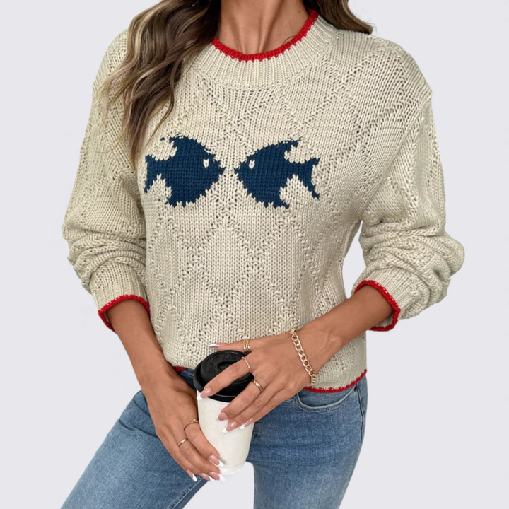 Damen Rundhals Strickpullover mit Fischmotiv – Langarm Pullover – Kontrastdetails
