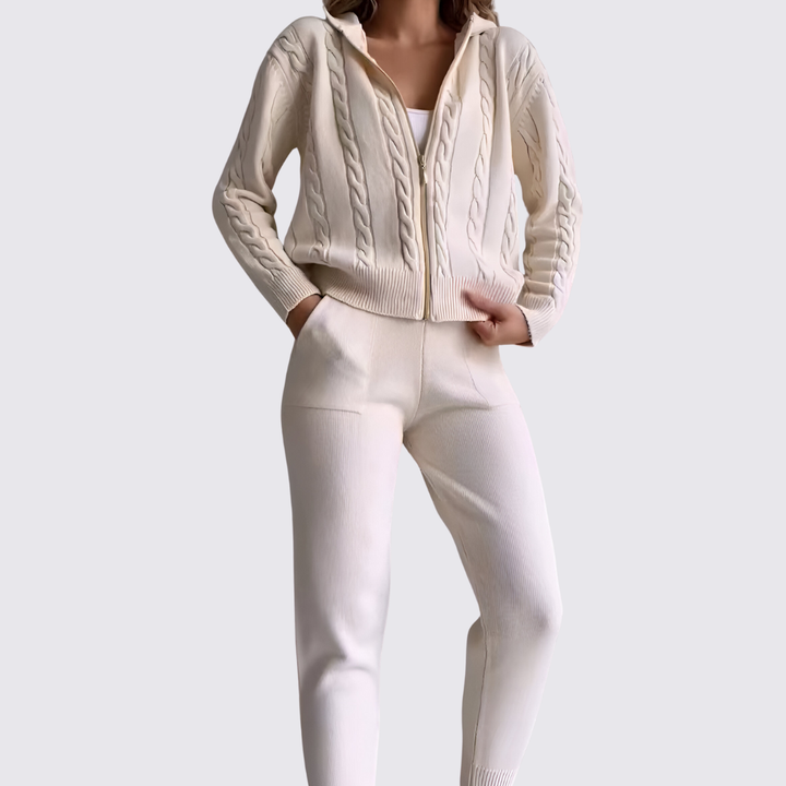 Damen Set mit Kapuzenjacke und Leggings – Reißverschluss Set – Langarm