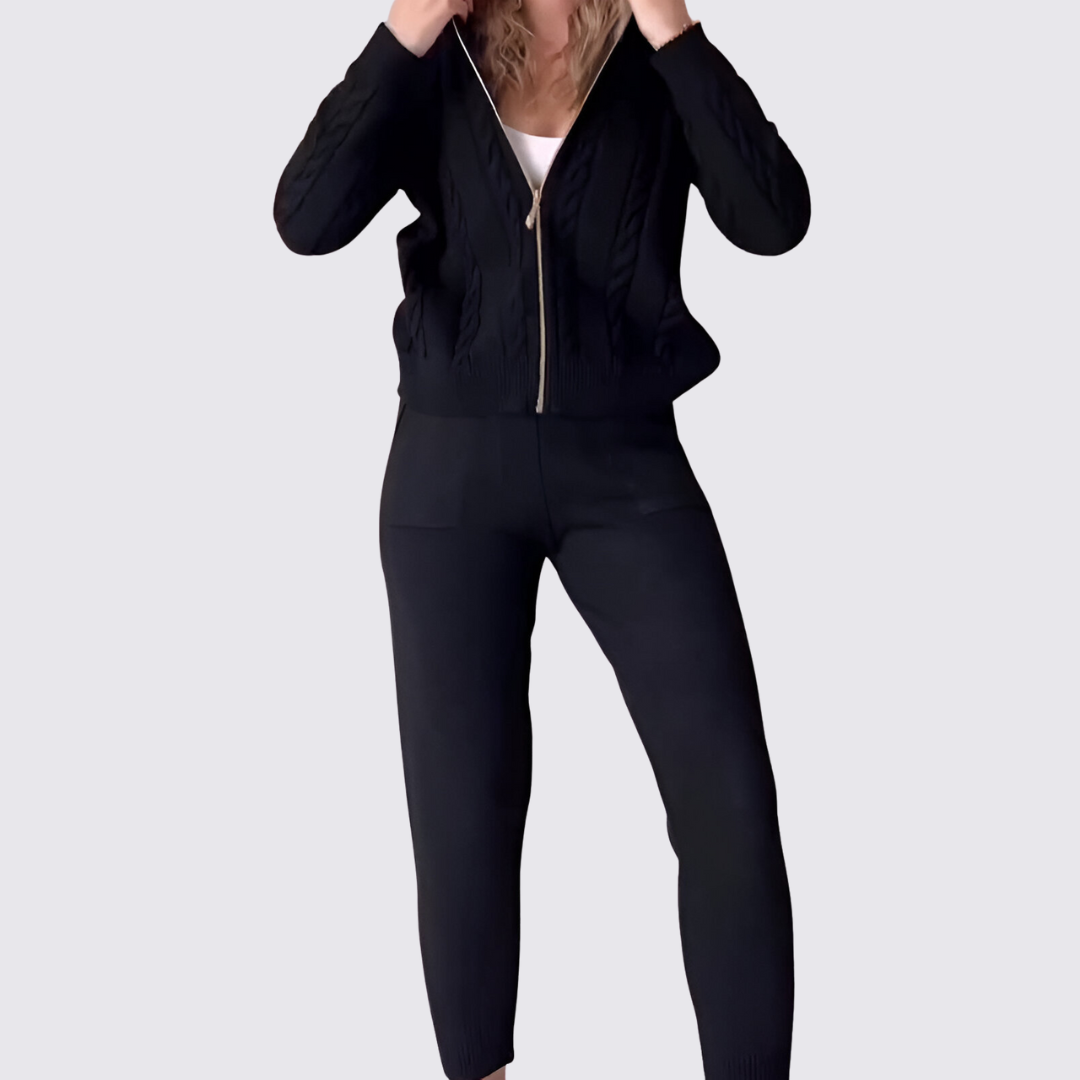 Damen Set mit Kapuzenjacke und Leggings – Reißverschluss Set – Langarm