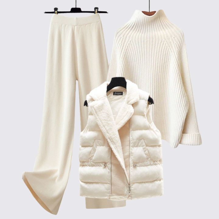 Damen Set mit Steppweste - Dreiteiliges Set - Pullover Hose Weste