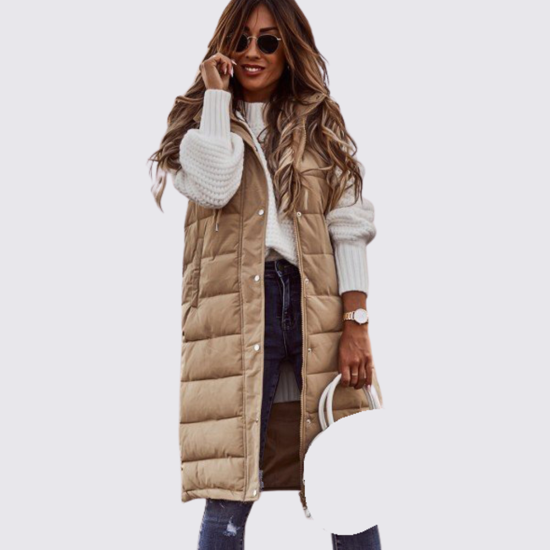 Damen Steppweste mit Kapuze – Lang geschnitten – Warm