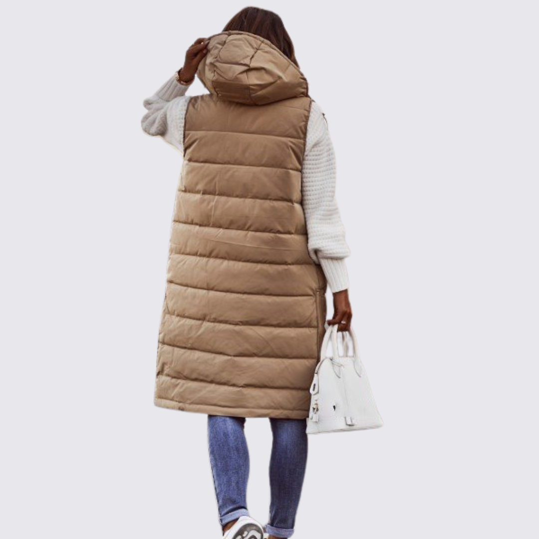 Damen Steppweste mit Kapuze – Lang geschnitten – Warm