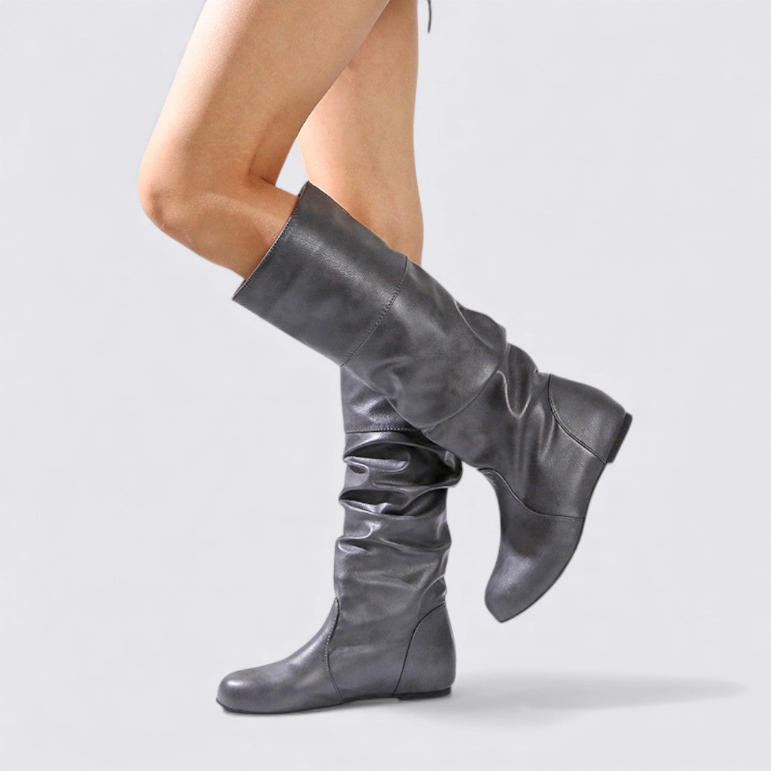Damen Stiefel – Flacher Absatz – Geraffter Schaft