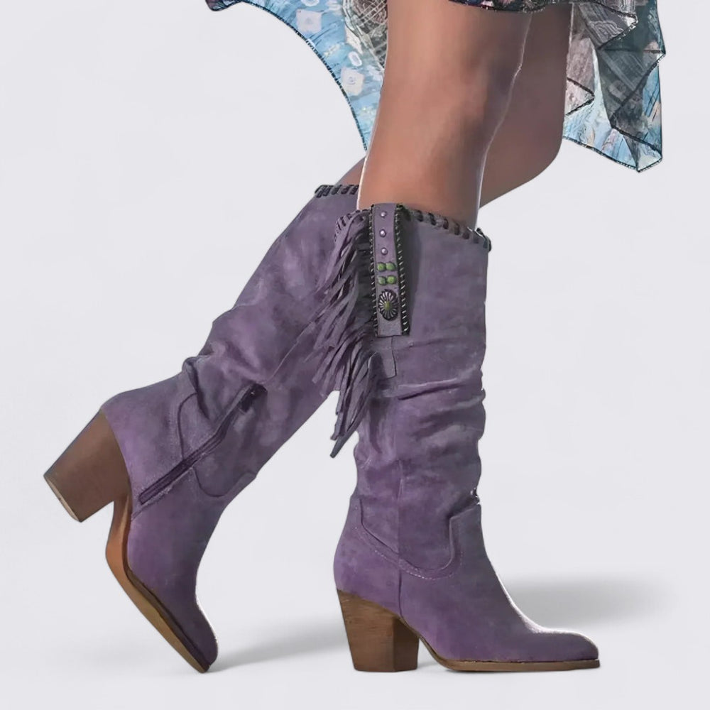 Damen Stiefel mit Blockabsatz – Kniehoch – Lockerer Schaft