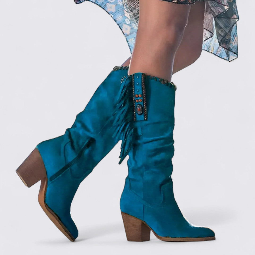 Damen Stiefel mit Blockabsatz – Kniehoch – Lockerer Schaft