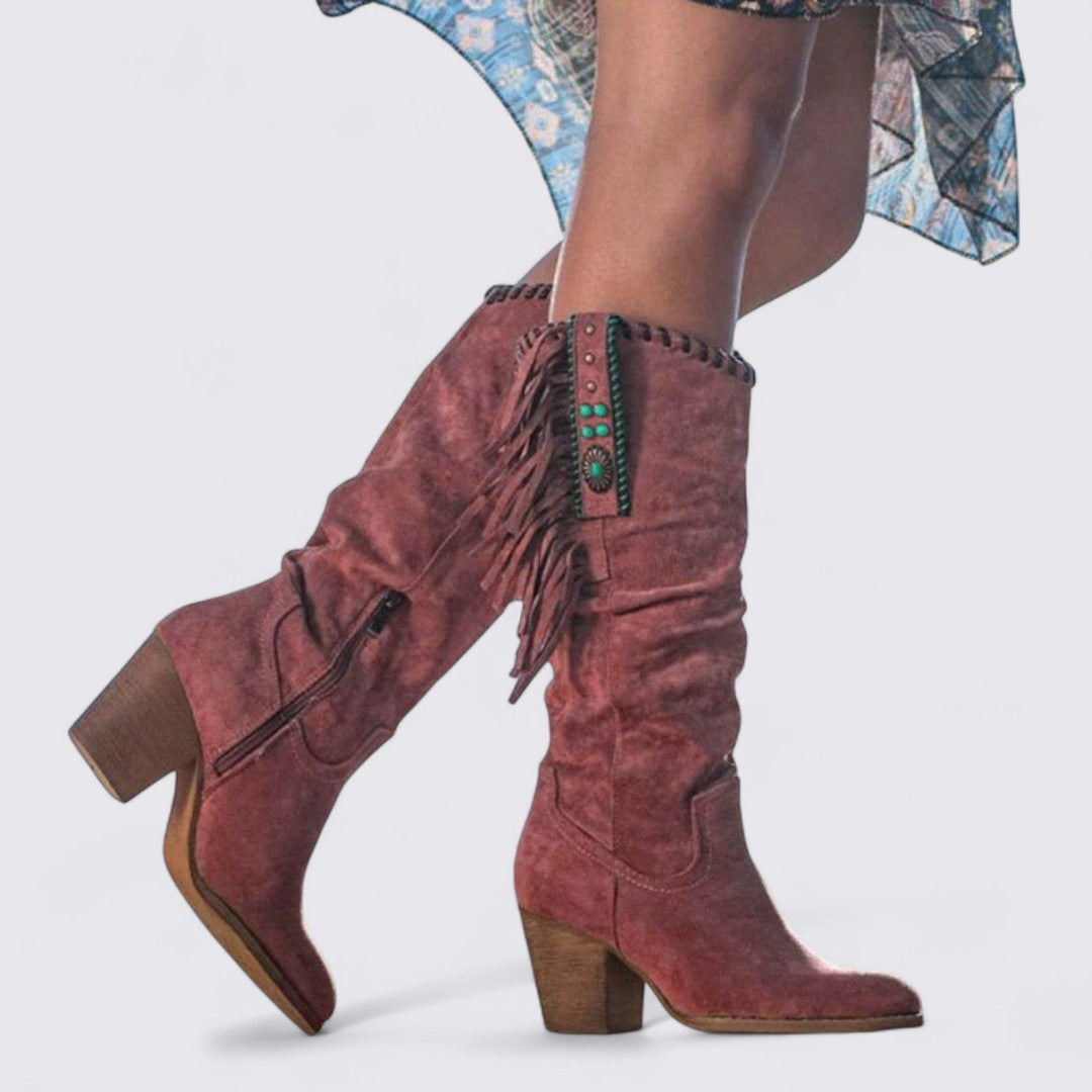 Damen Stiefel mit Blockabsatz – Kniehoch – Lockerer Schaft