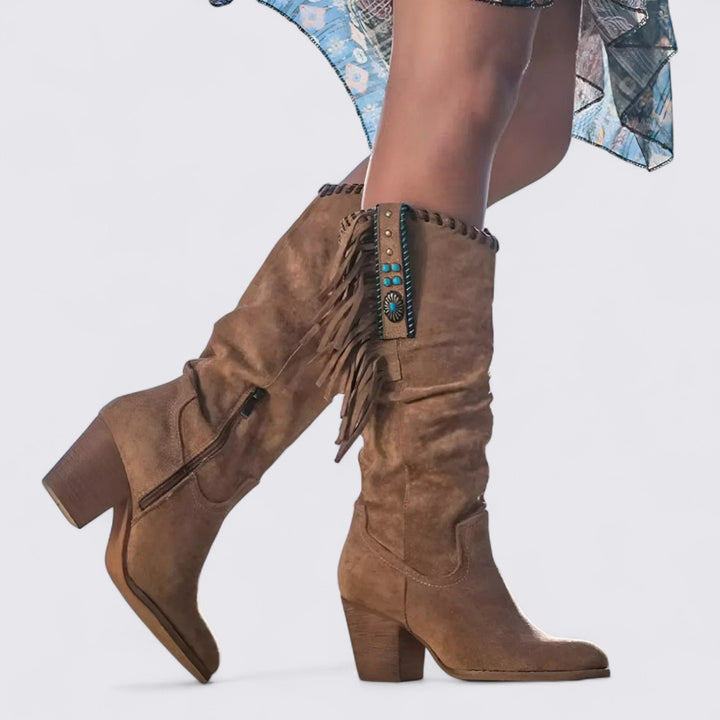 Damen Stiefel mit Blockabsatz – Kniehoch – Lockerer Schaft